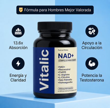 Suplemento Vitalic™ NAD+ para hombres mayores de 40 años, frascos con cápsulas en envase blanco y azul.