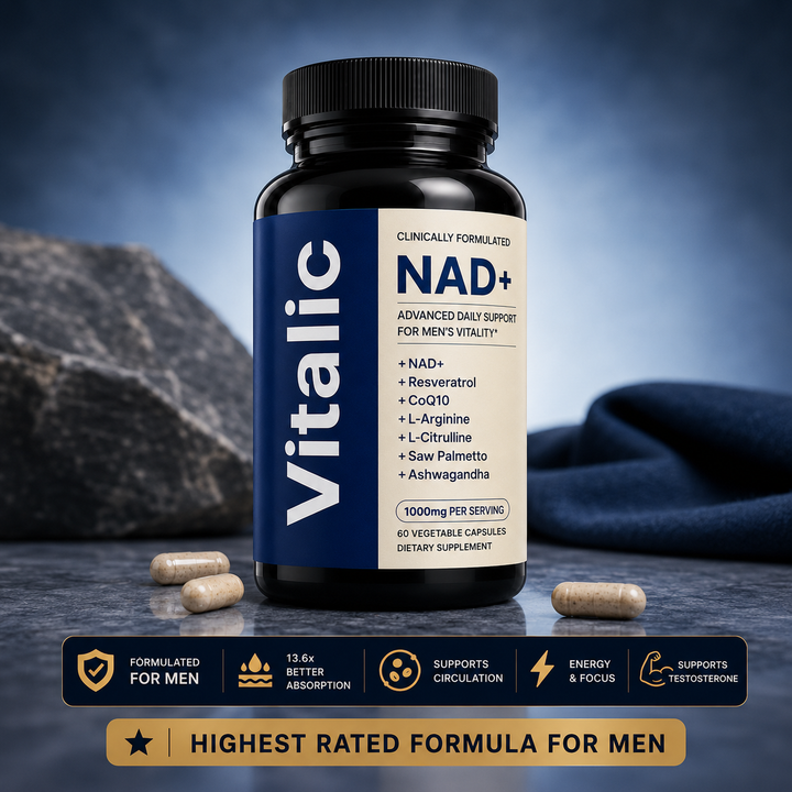 Suplemento Vitalic NAD+ para hombres, ayuda a la vitalidad después de los 40, en envase con cápsulas y etiqueta visible