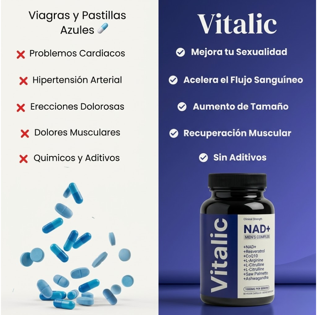 Suplemento Vitalic™ NAD+ para hombres mayores de 40, con envase y cápsulas visibles en la imagen.