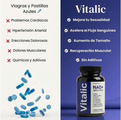 Suplemento Vitalic™ NAD+ para hombres mayores de 40, con envase y cápsulas visibles en la imagen.