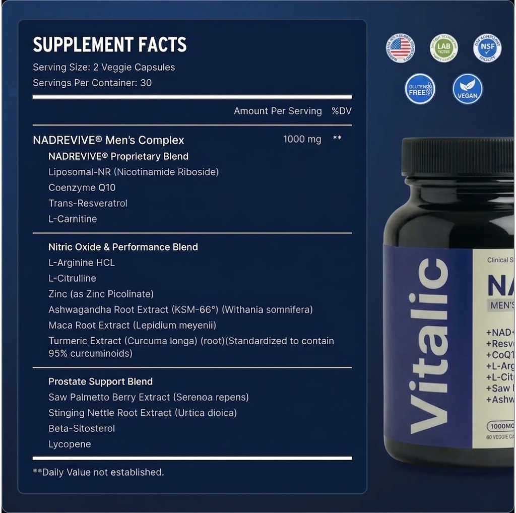 Suplemento Vitalic™ NAD+ para hombres mayores de 40, con envase y cápsulas en la imagen.