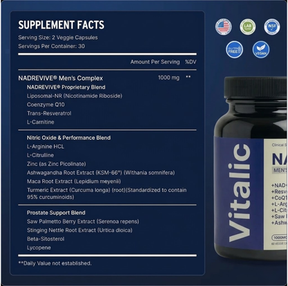 Suplemento Vitalic™ NAD+ para hombres mayores de 40, con envase y cápsulas en la imagen.