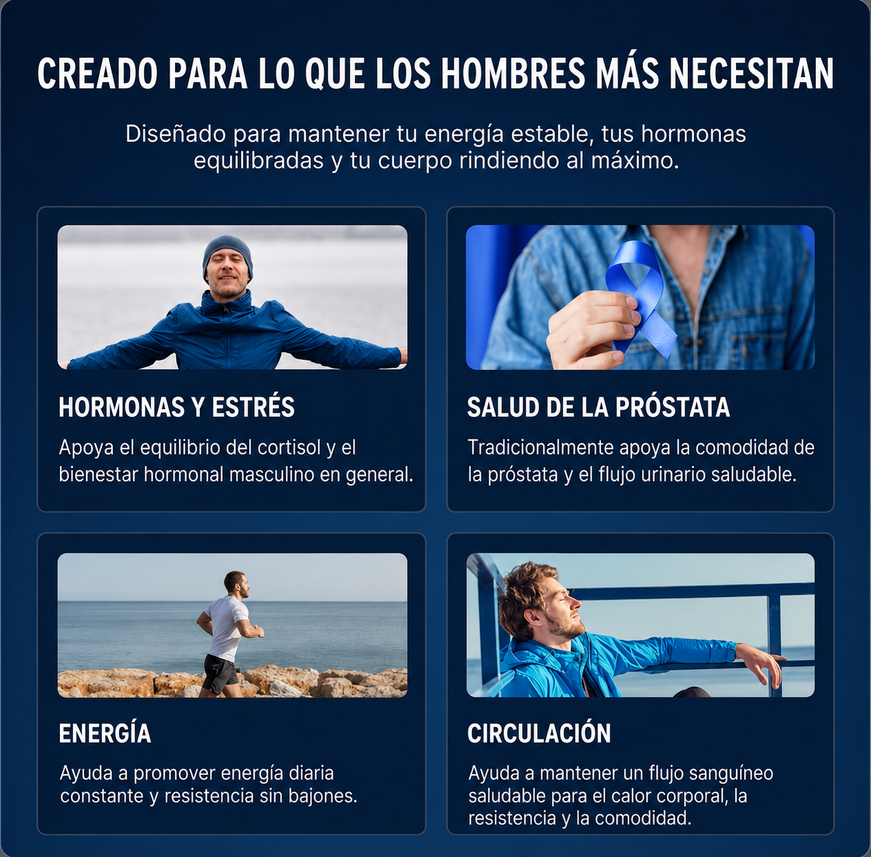 Vitalic™ NAD+ suplemento para hombres mayores de 40, botella con cápsulas en envase blanco y azul, refuerza vitalidad y energía.